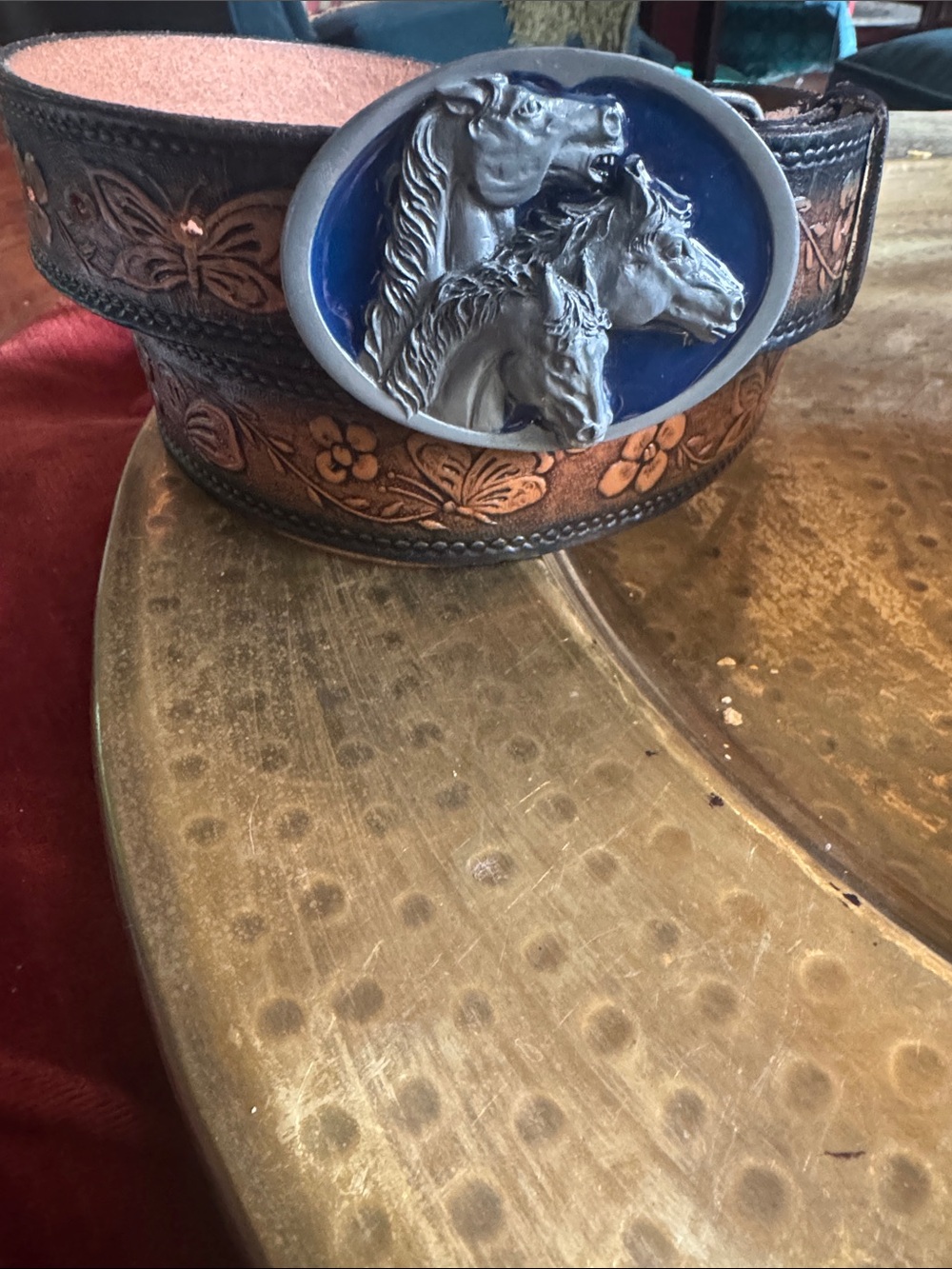 Source Unknown Brown And Blue Tooled Leather Belt with Blue Horse Head Buckle